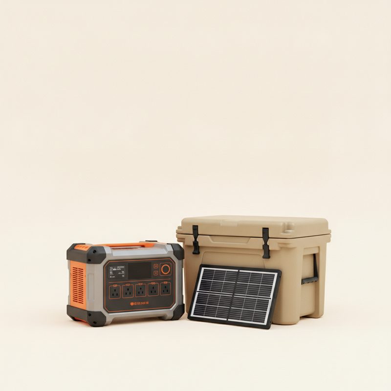 Portable power station, cooler and solar panel for camping