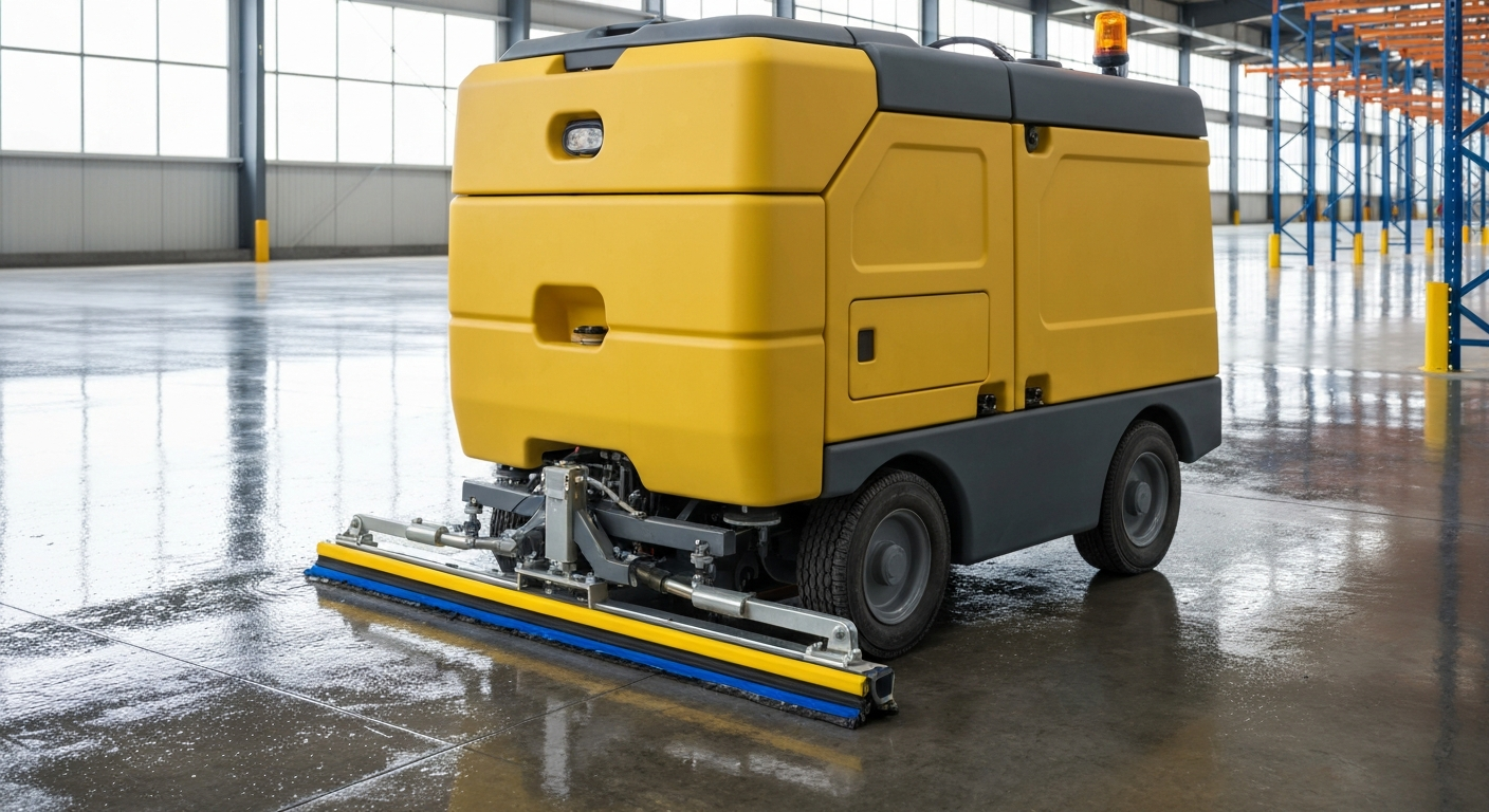 Industrial ride-on floor scrubber on a polished concrete warehouse floor