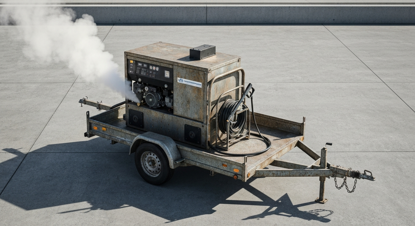 Industrial hot water pressure washer with hose and wand on a loading dock