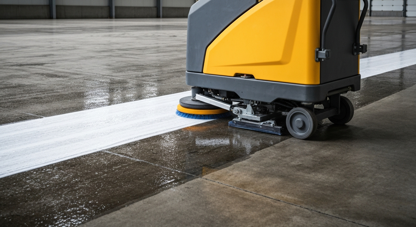 Walk-behind floor scrubber leaving a clean wet strip on a warehouse floor