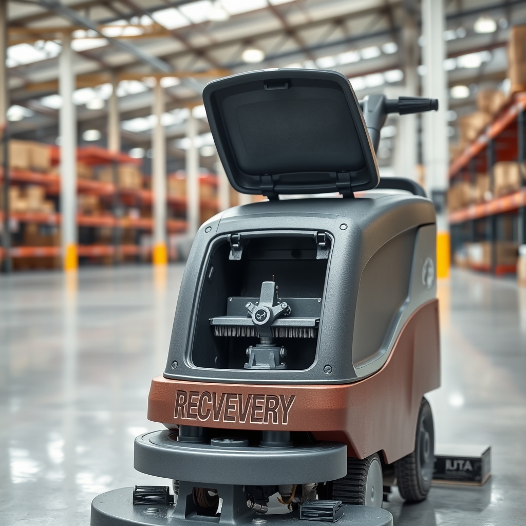 A clean and well-maintained commercial floor scrubber in a warehouse